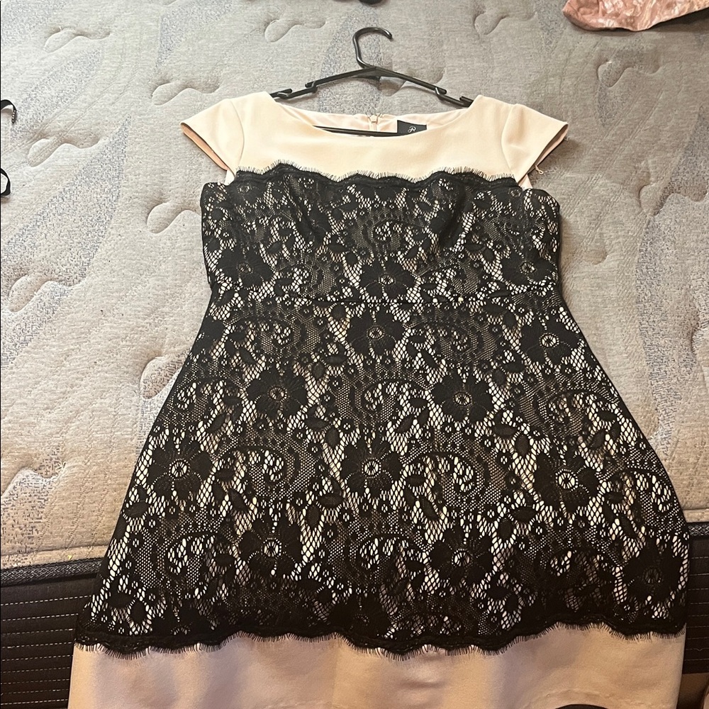 Adrianna Papell Black Lace Dress with Cream Accents